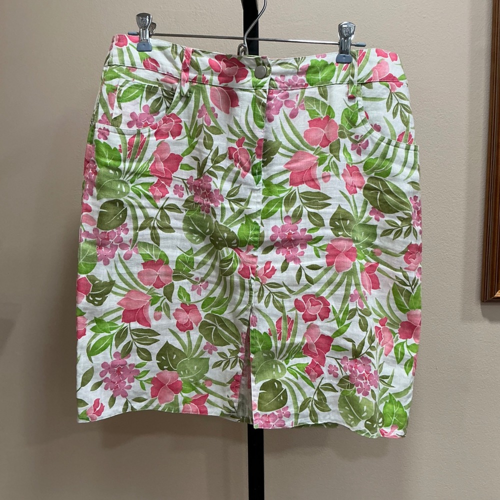August Silk Skirt Sportswear 8 Pink Green Tropical Floral 100% Linen Pencil Slit